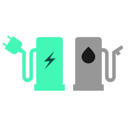 Illustrasjon av elektriske og gassdrevne drivstoffpumper mellom en grønn elbil og en grå gassbil som vender fremover, og fremhever kontrasten i driftskostnader.