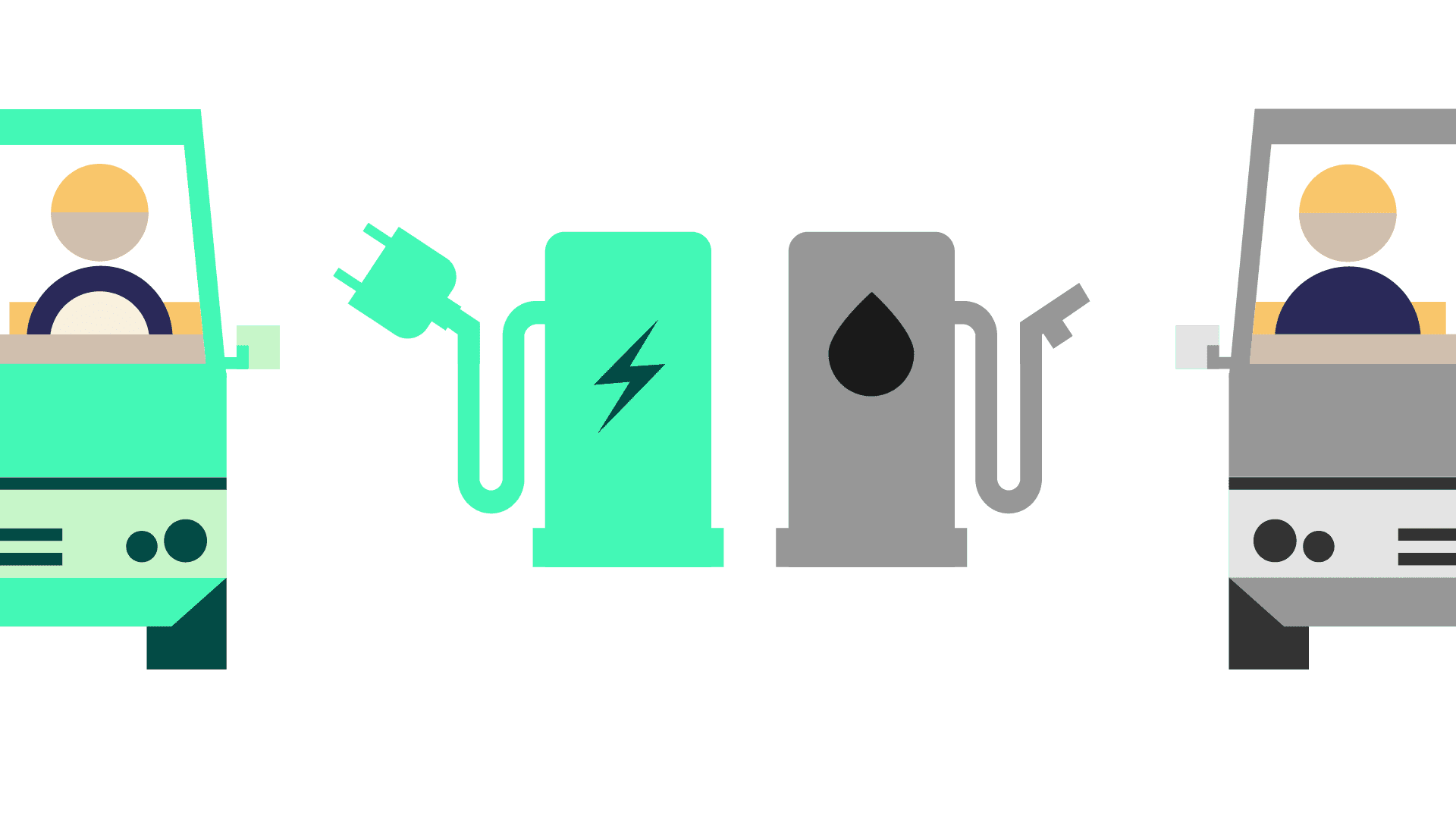 Illustrasjon av elektriske og gassdrevne drivstoffpumper mellom en grønn elbil og en grå gassbil som vender fremover, og fremhever kontrasten i driftskostnader.