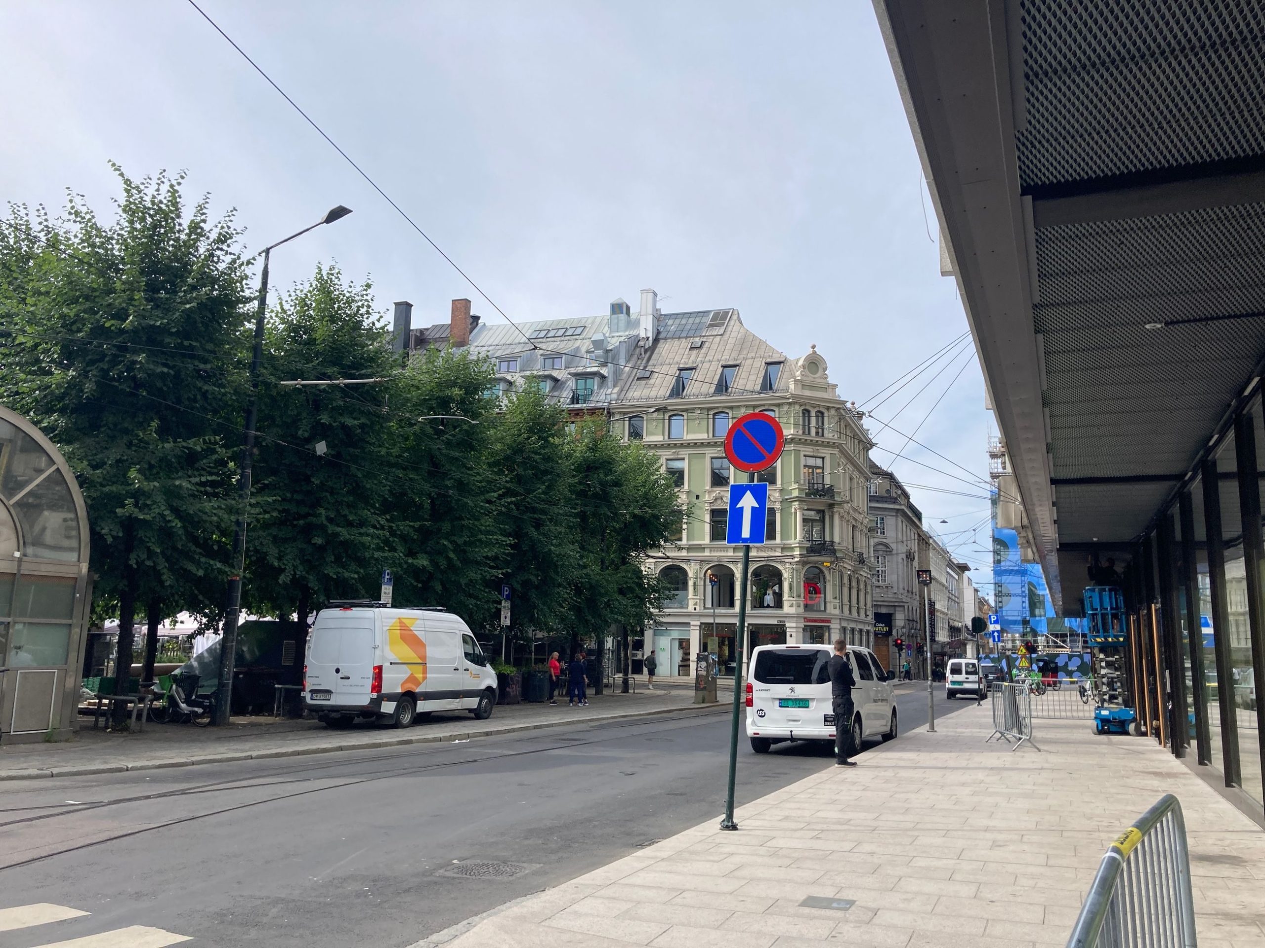 Et bygatebilde med parkerte varebiler som opptar anviste lasteplasser, et parkering forbudt-skilt med en pil, trær langs fortauet og bygninger i bakgrunnen. Den overskyede himmelen bidrar til den urbane atmosfæren.