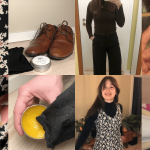 Collage som illustrerer nødvendigheter for gjør-det-selv klespleie: knapp, polerte sko, person i brun topp med svarte bukser, lolaken, nål og tråd, poleringspåføring, kvinne i svart og hvitt antrekk, strykejern. Omfavn fiks det selv-ånden med disse nyttige tipsene.