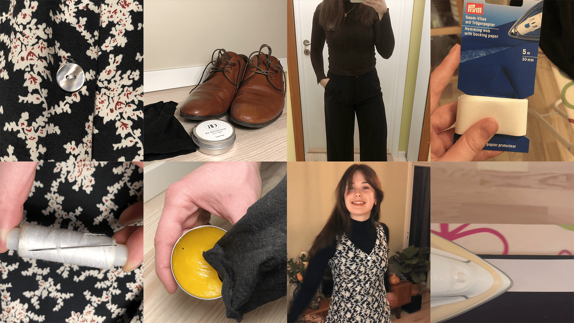 Collage som illustrerer nødvendigheter for gjør-det-selv klespleie: knapp, polerte sko, person i brun topp med svarte bukser, lolaken, nål og tråd, poleringspåføring, kvinne i svart og hvitt antrekk, strykejern. Omfavn fiks det selv-ånden med disse nyttige tipsene.