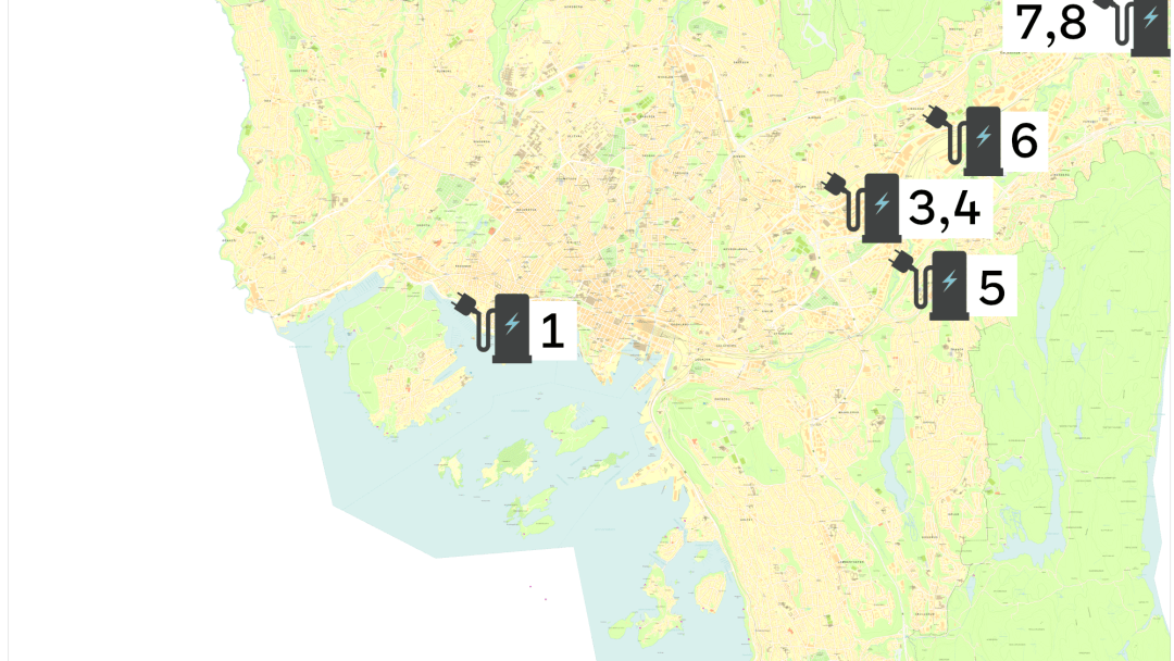 Kart som fremhever spesifikke steder i en by med nummererte markører fra 1 til 8, hver merket med en silhuett av en lommelykt, og med steder for montering av hurtigladere for tunge kjøretøy.
