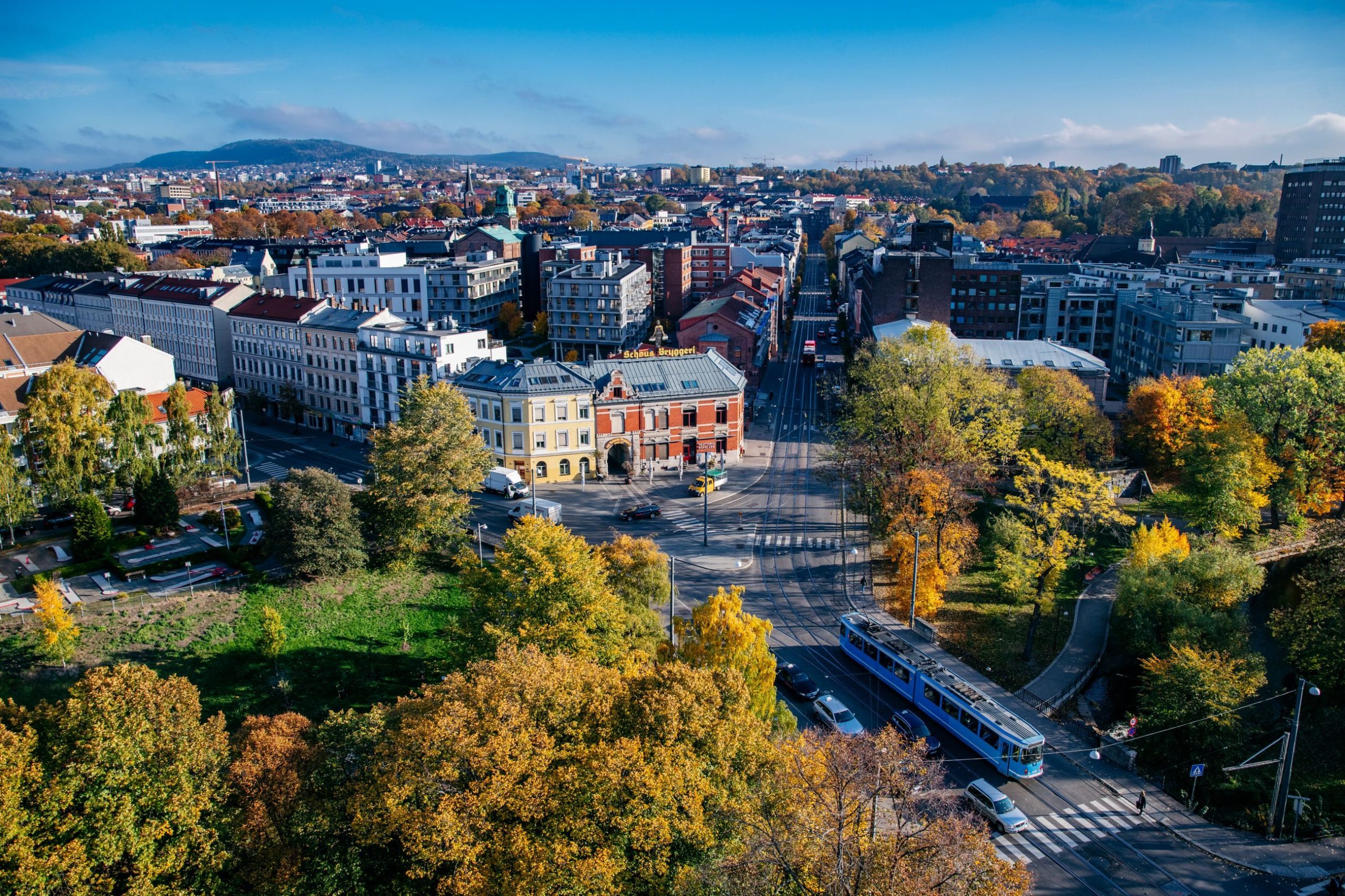 En luftfoto av et bykryss med en trikk viser det livlige høstløvverket og bygningene, alt under en klarblå himmel. Scenen minner om Klimarapportens observasjoner av urbane landskap sammenvevd med naturen.