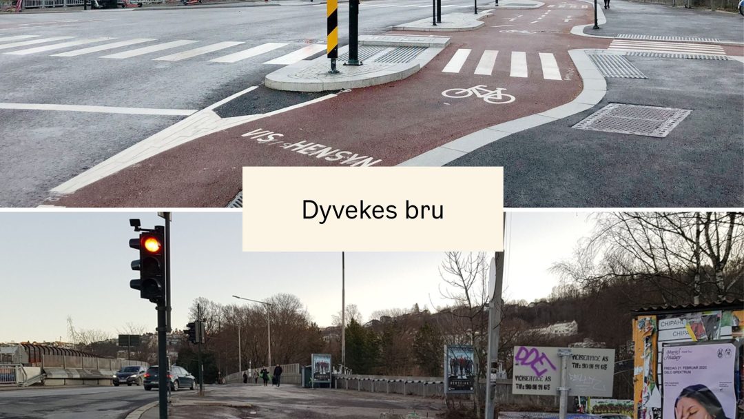 To bilder av Dyvekes Bru: en sykkelveier og fotgjengerfelt i det første, og en vei med lyskryss og anleggsbarrierer i det andre.