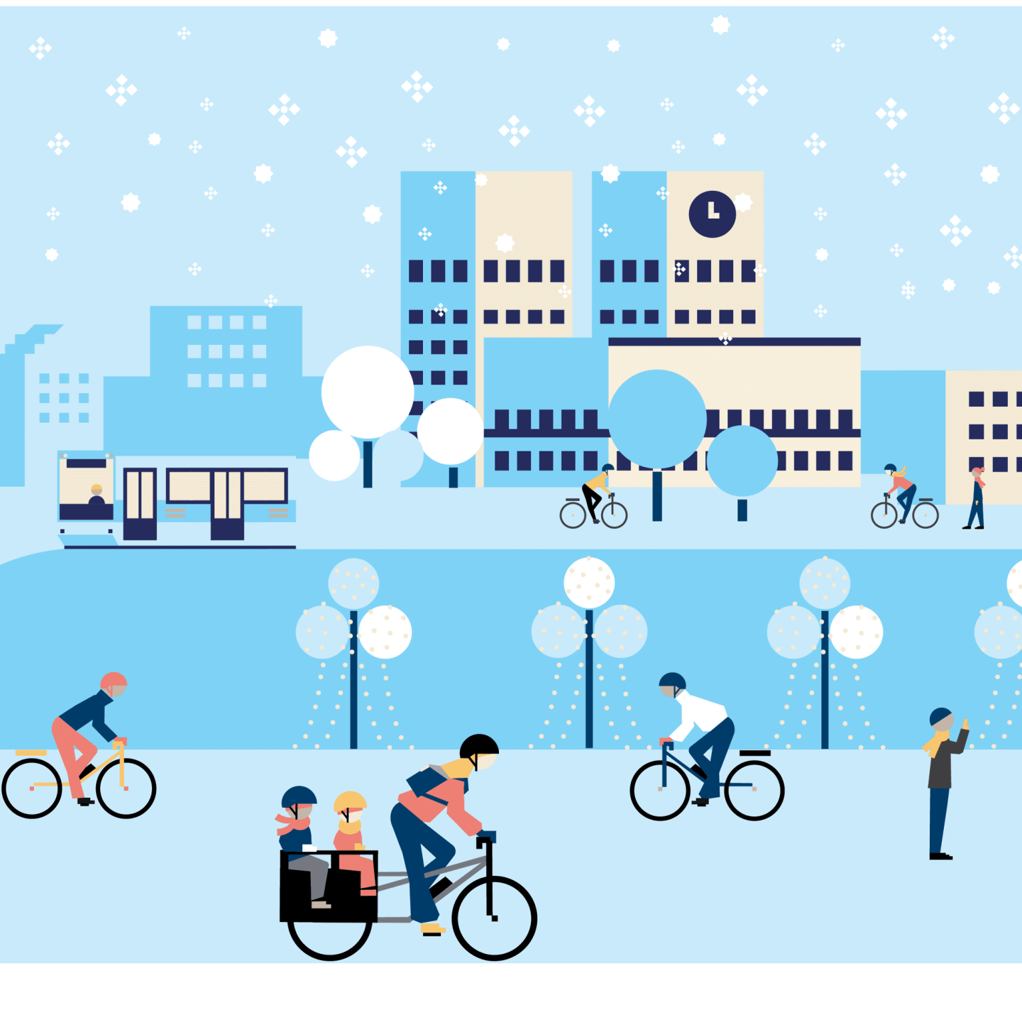 Illustrasjon av mennesker som sykler, går og står i en parklignende urban setting med trær, bygninger og en trikk i bakgrunnen.