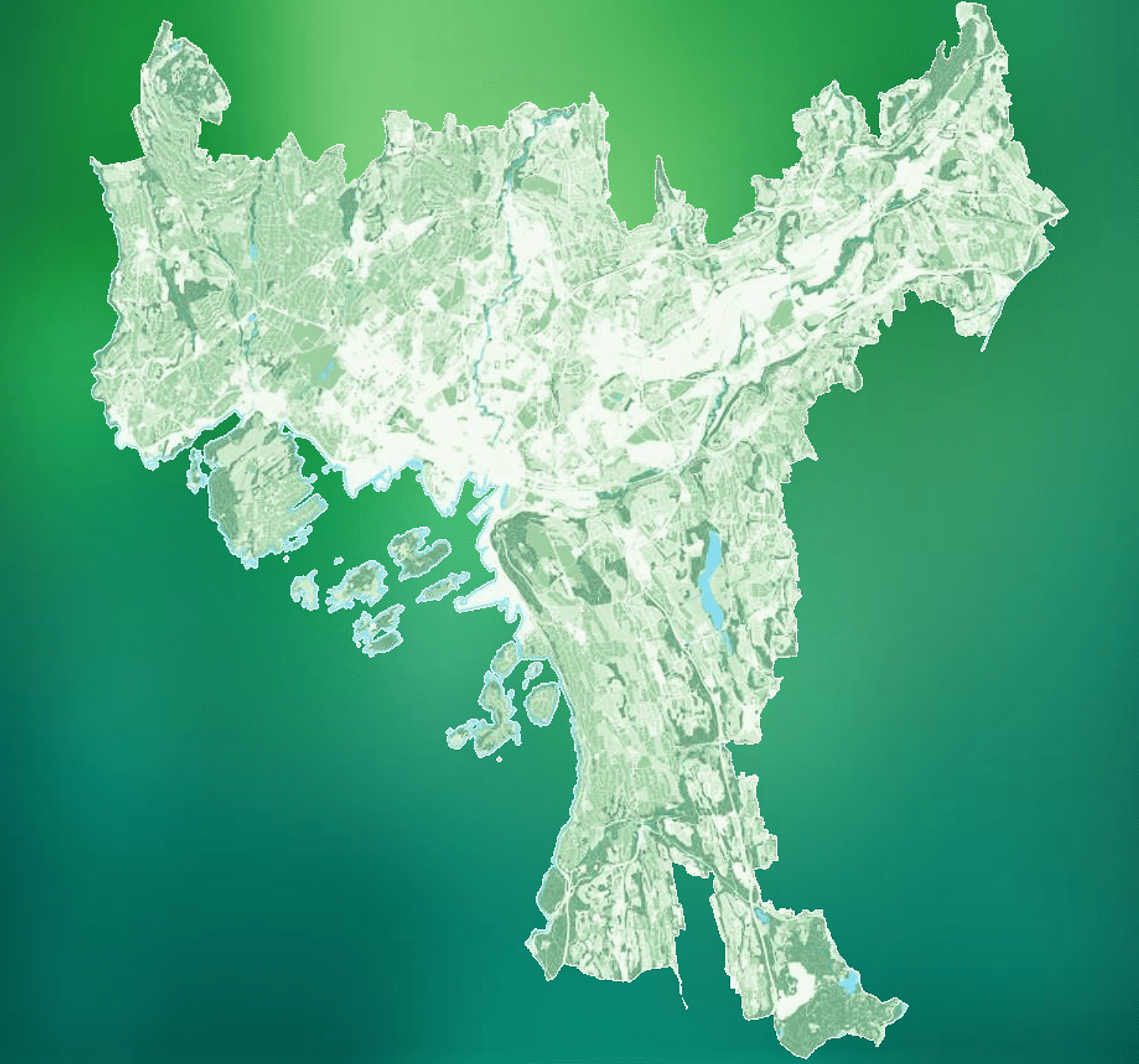 Abstrakt kartdesign på en grønn gradientbakgrunn, som ligner en detaljert topografisk illustrasjon med forskjellige konturer og landegenskaper.