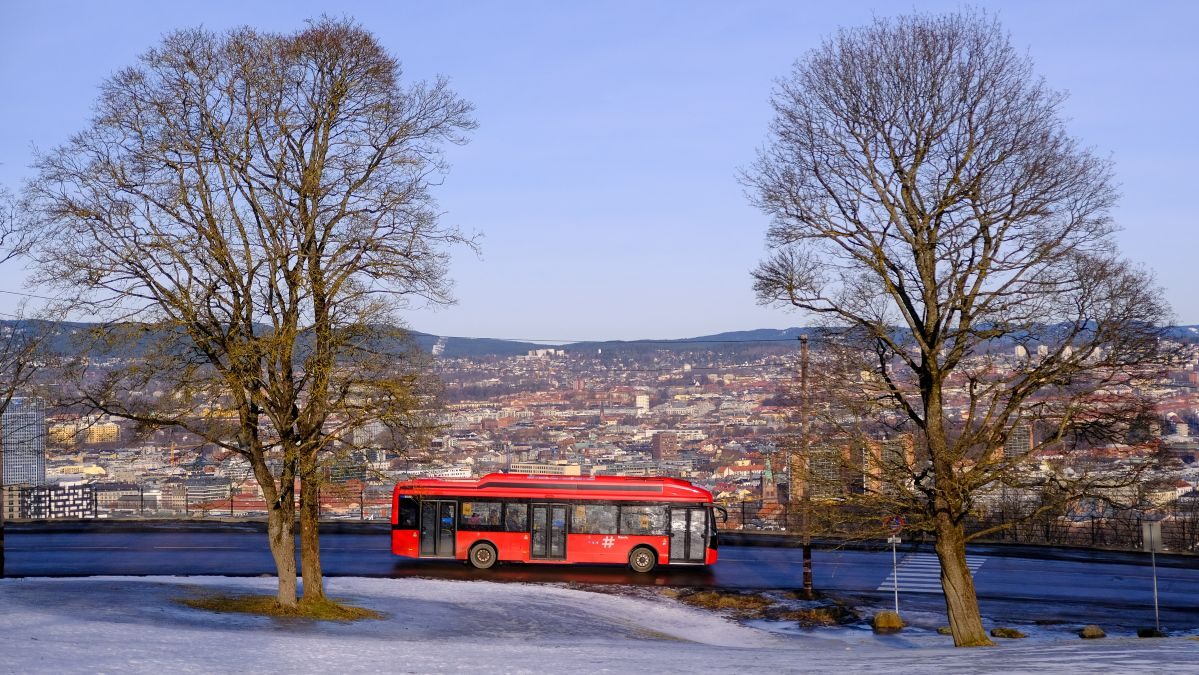 En rød buss kjører langs en vei flankert av to nakne trær, med et bybilde og fjell synlige i bakgrunnen. Snø dekker bakken i forgrunnen.