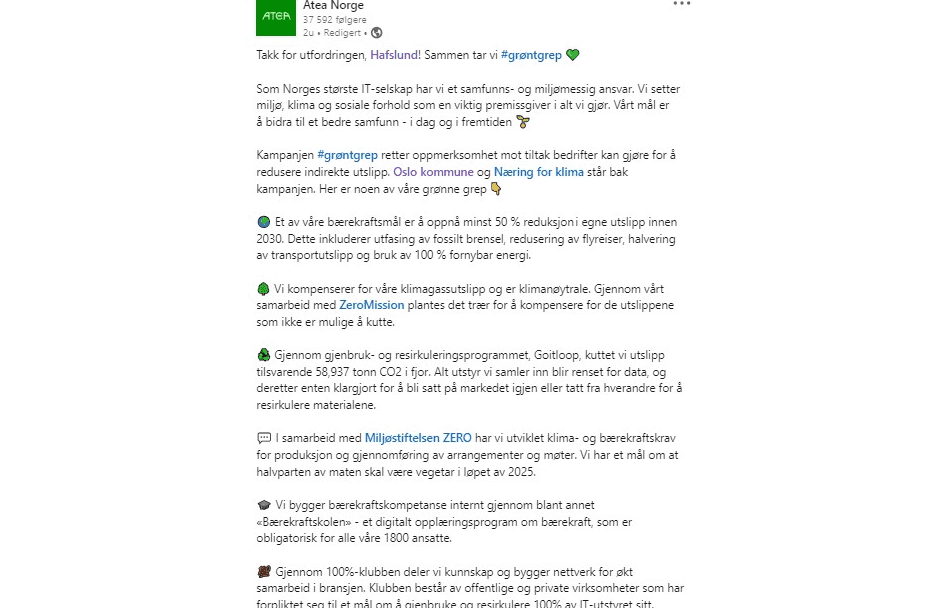 Atea Norges teksttunge bilde viser deres Grønt-grep innen samfunns- og miljøansvar, og fremhever deres karbonsporingskampanje, samarbeid med ZERO og medlemskap i 100% Club.