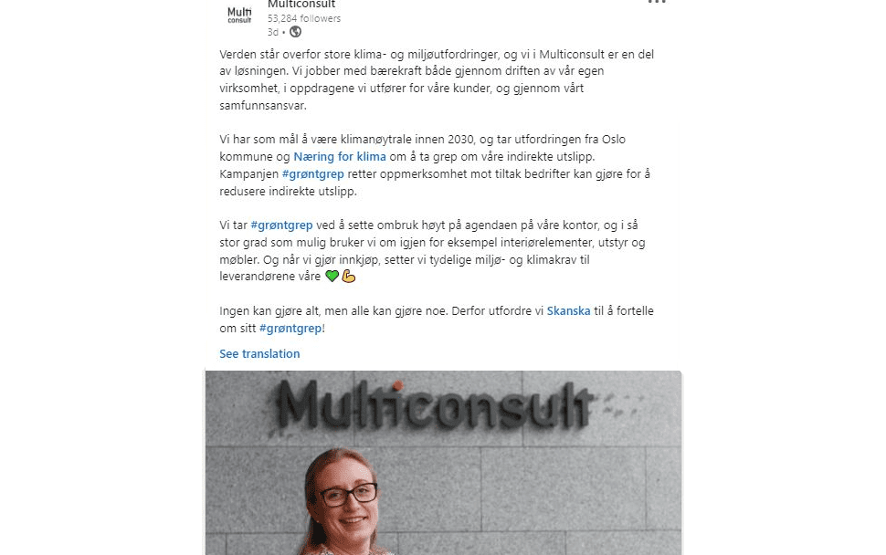 Multiconsults siste LinkedIn-innlegg viser et kraftig bilde av en kvinne som står stolt foran Multiconsult-skiltet. Innlegget fordyper oss i våre spennende klimainitiativer og fremhever den slagkraftige #grøntgrep-kampanjen, som driver bærekraftig endring for en grønnere fremtid.