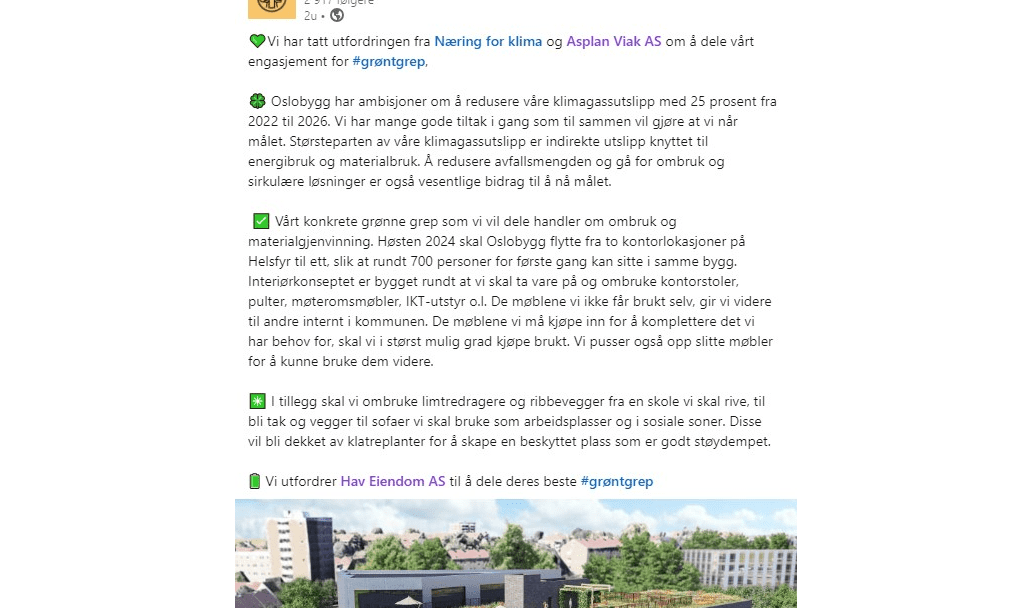 Et innlegg i sosiale medier som fremhever Oslo kommunes klimamål og grønt grep-initiativer, med et bilde av en bygnings takhage.