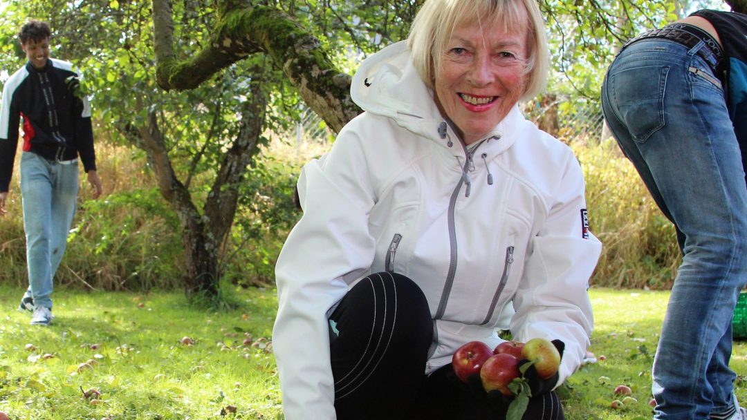 En person i en hvit jakke sitter på huk og holder epler under et tre, engasjert i epleplukking. To andre personer kan sees i bakgrunnen, som bidrar til den fruktbare høsten.