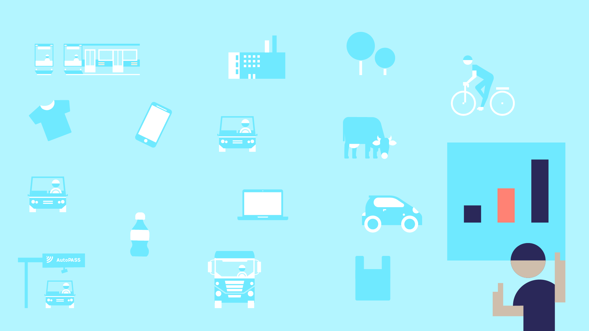 Enkle illustrasjoner av ulike kjøretøy, en sykkel, en smarttelefon og klimaoslo-trær er spredt på en blå bakgrunn ved siden av en bygning, en skjorte, en ku og mer.