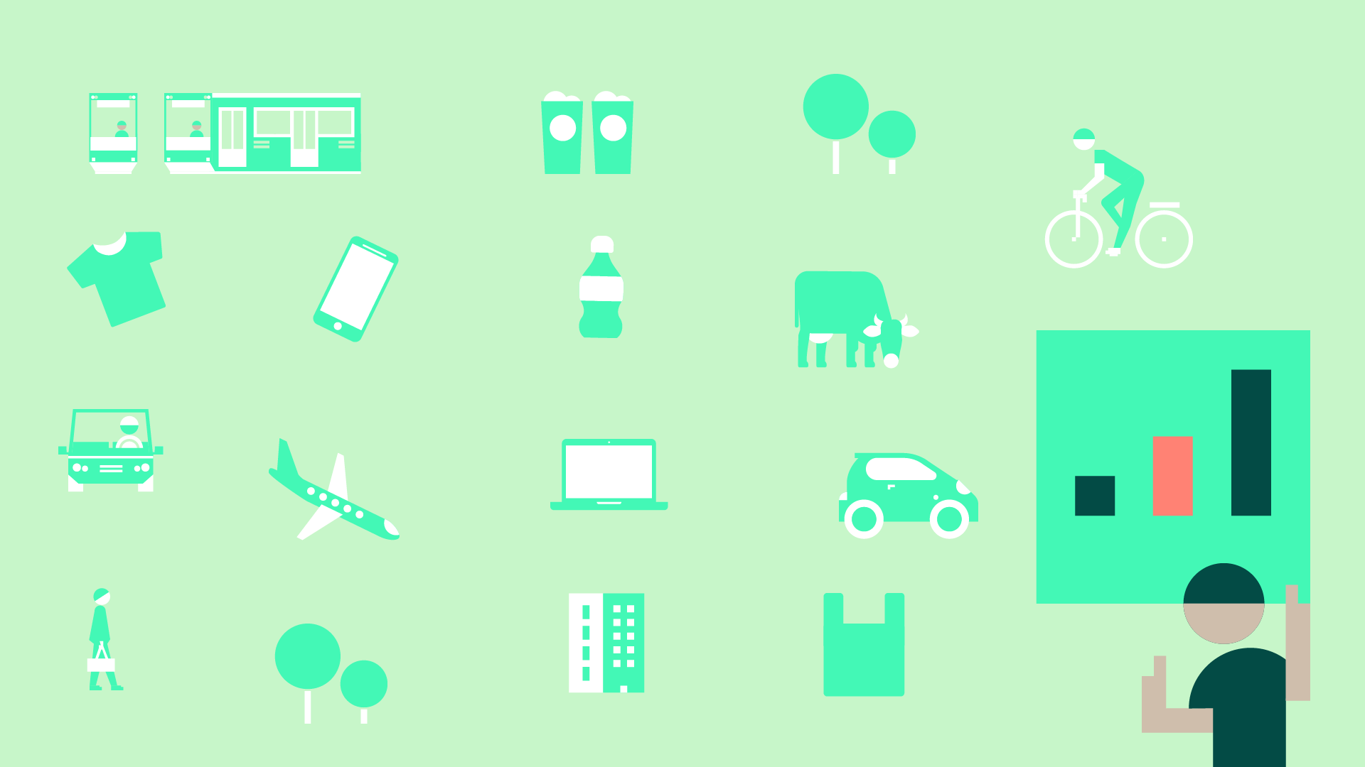 Abstrakt illustrasjon som viser ulike transportmåter, teknologi og hverdagslige gjenstander på en grønn bakgrunn. Dette levende kunstverket inkluderer biler, et fly, en sykkel, bygninger og grafer som gjenspeiler dine vaner – dine daglige vaner formet av moderne livsstil.