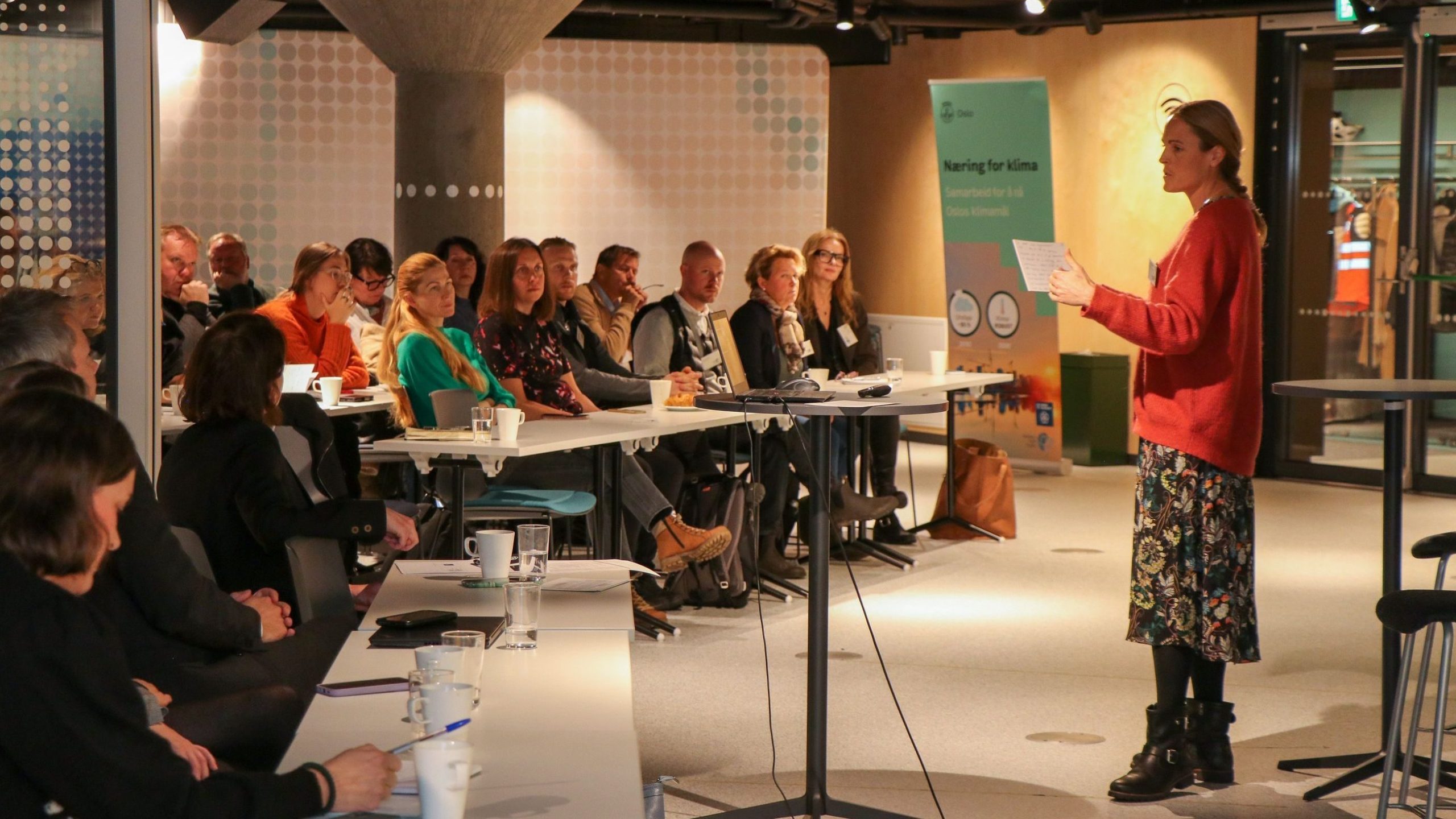 En person i rød genser snakker til et sittende publikum i et konferanserom. Bord inneholder kaffekopper, papirer og notatbøker. En plakat på veggen har tekst og grafikk.