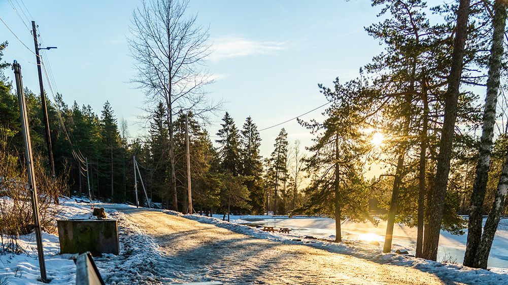 Benk i sollys i skogen, ved badedammen ved Steinbruvann.