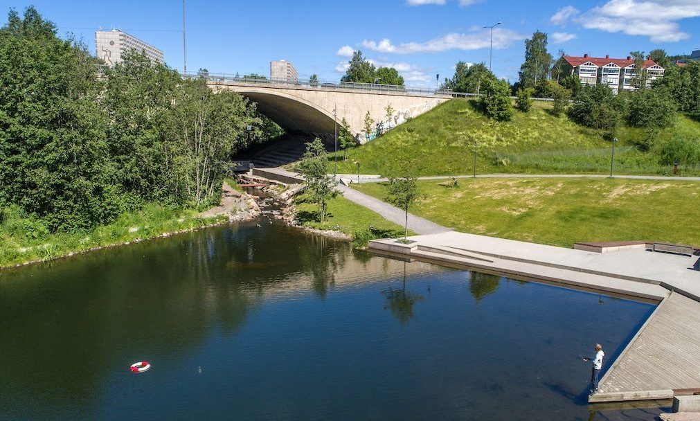 En person liker å fiske ved kanten av en rolig dam nær en bro. Trær og gressletter omgir vannet, med bygninger synlige i bakgrunnen under en klar blå himmel.