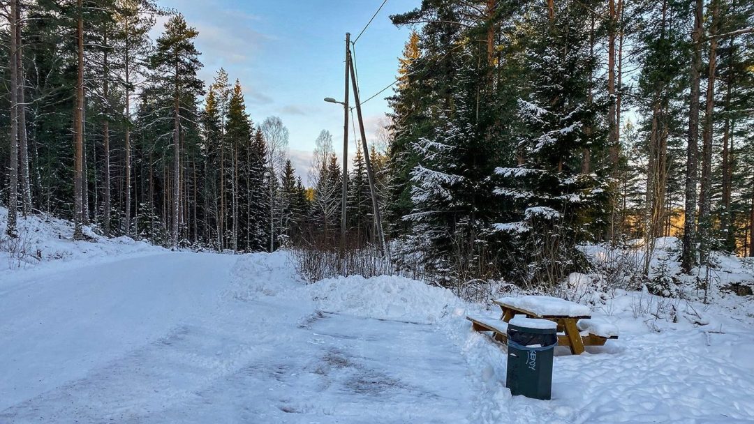 Benk, søppelkasse og vei i marka.