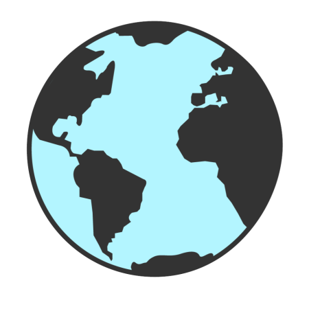 En enkel verdenskartillustrasjon i svart og lyseblått fremhever kontinenter og hav uten spesifikke detaljer eller etiketter, og trekker subtilt oppmerksomhet til klimaendringer gjennom sin minimalistiske design.