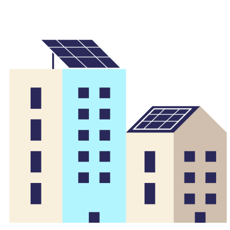 Illustrasjon av tre bygninger med solceller på hustakene, som symboliserer bruk av fornybar energi i urbane omgivelser.