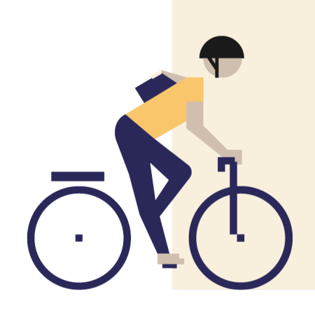 Illustrasjon av en person iført hjelm og ryggsekk, lent fremover på en sykkel med en fot på pedalen, klar til å utforske sykkelveien.