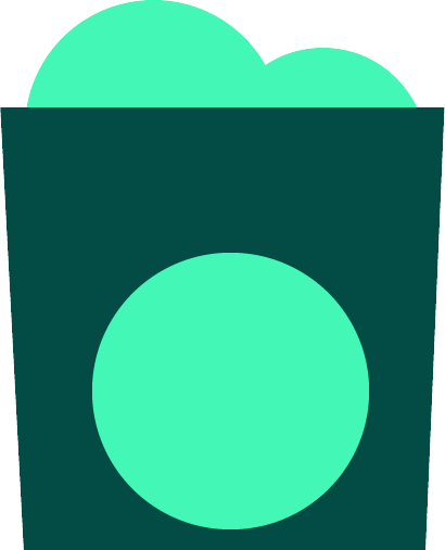 Minimalistisk illustrasjon av en mørk blågrønn beholder med kildesorteringssymboler, med en stor grønn sirkel på den og grønne kuler som stikker ut fra toppen.