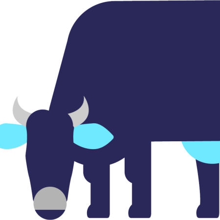 En enkel geometrisk illustrasjon av en ku som nyter kortreist matte, med en mørkeblå kropp med lyseblå ører og jur, og grå horn.