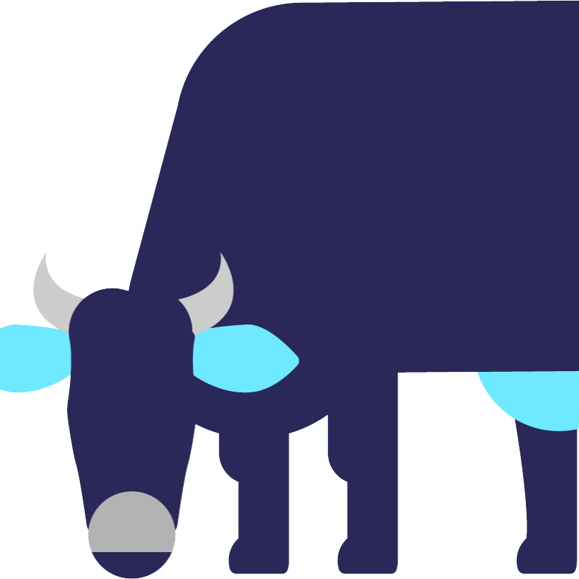 En enkel geometrisk illustrasjon av en ku som nyter kortreist matte, med en mørkeblå kropp med lyseblå ører og jur, og grå horn.