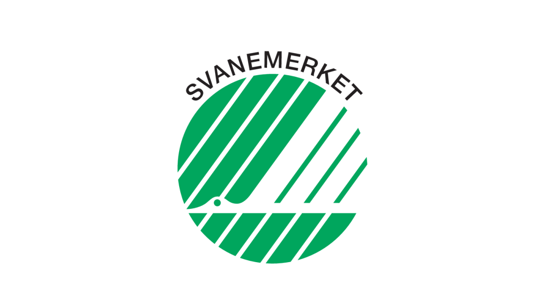 Bildet viser Svanemerkets logo med ordet SVANEMERKET i svarte store bokstaver over et grønt svanedesign.