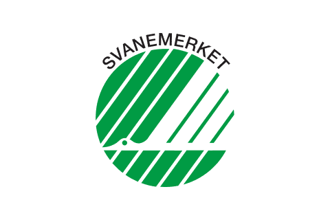 Grønn sirkulær logo med diagonale striper og stilisert svanesilhuett. Teksten lyder SVANEMERKET over.