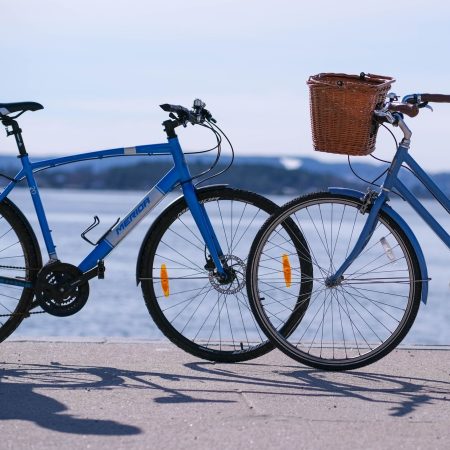 To blå sykler hviler på en sti ved vannet, nypusset fra en sykkelvask. Den venstre sykkelen har en sporty ramme, mens den høyre har en sjarmerende flettet kurv på styret. I bakgrunnen strekker vann seg mot fjerntliggende land.