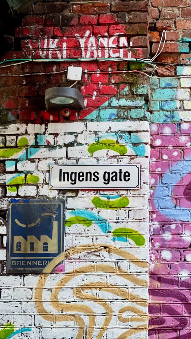 Grafitti-dekket murvegg med et gateskilt med teksten Ingens gate og en blå plakett med et bygningsikon, som antyder en skjult skattejakt som venter på å bli oppdaget.