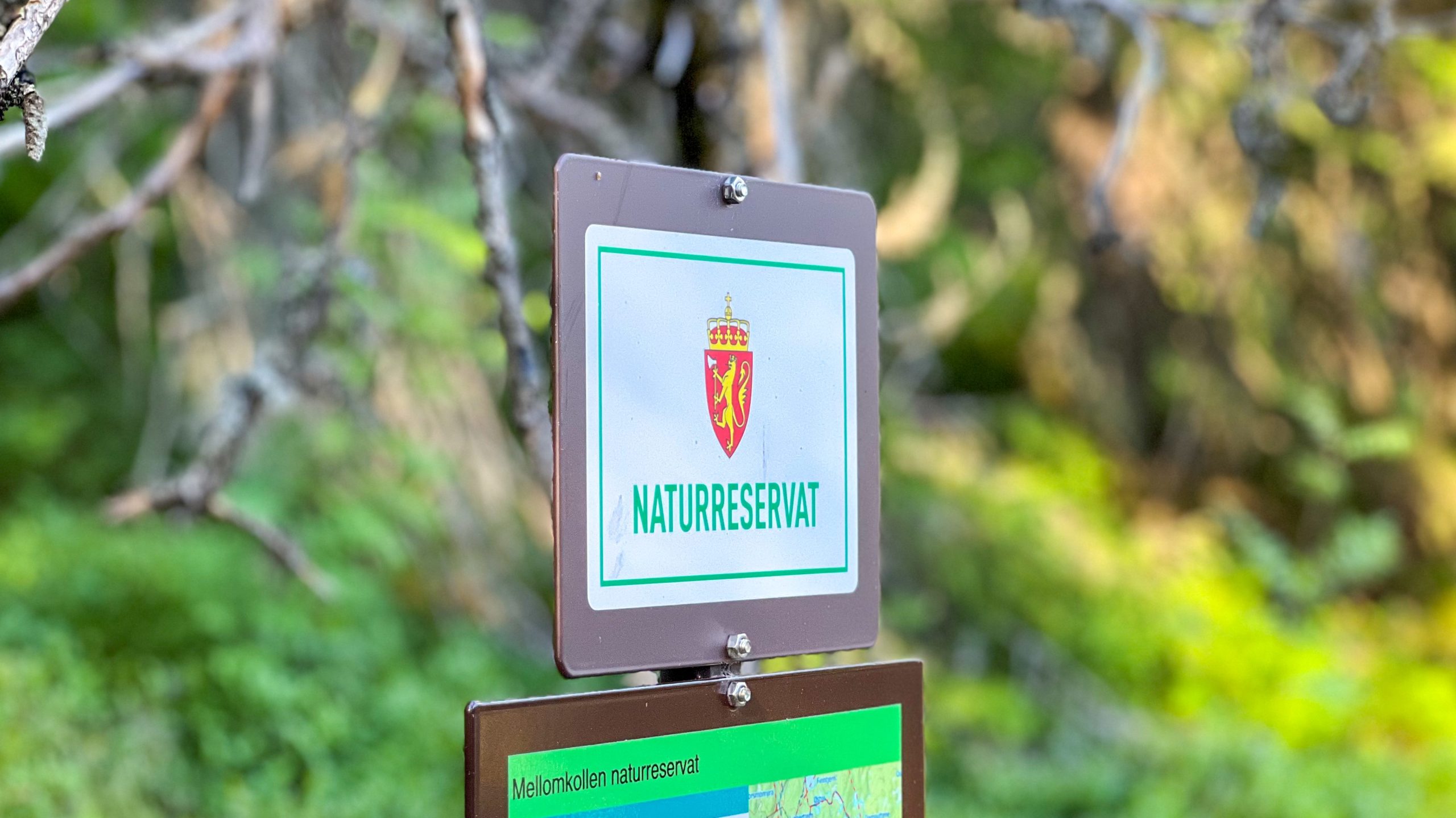 Et Naturreservat-skilt utsmykket med en kam står som en inngangsport til eventyr, og antyder toppturmuligheter i det frodige, skogkledde landskapet utenfor.