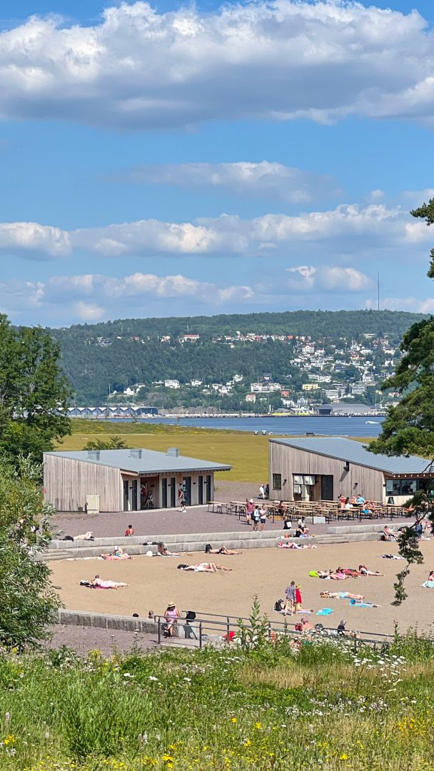 En sandstrand med folk som soler seg under en blå himmel strødd med skyer inviterer til avslapning. I nærheten står trebygninger der mens hvisking av øyhopping-eventyr driver over elven, der en by venter på motsatt bredd. Trær og gress omfavner scenen varmt.