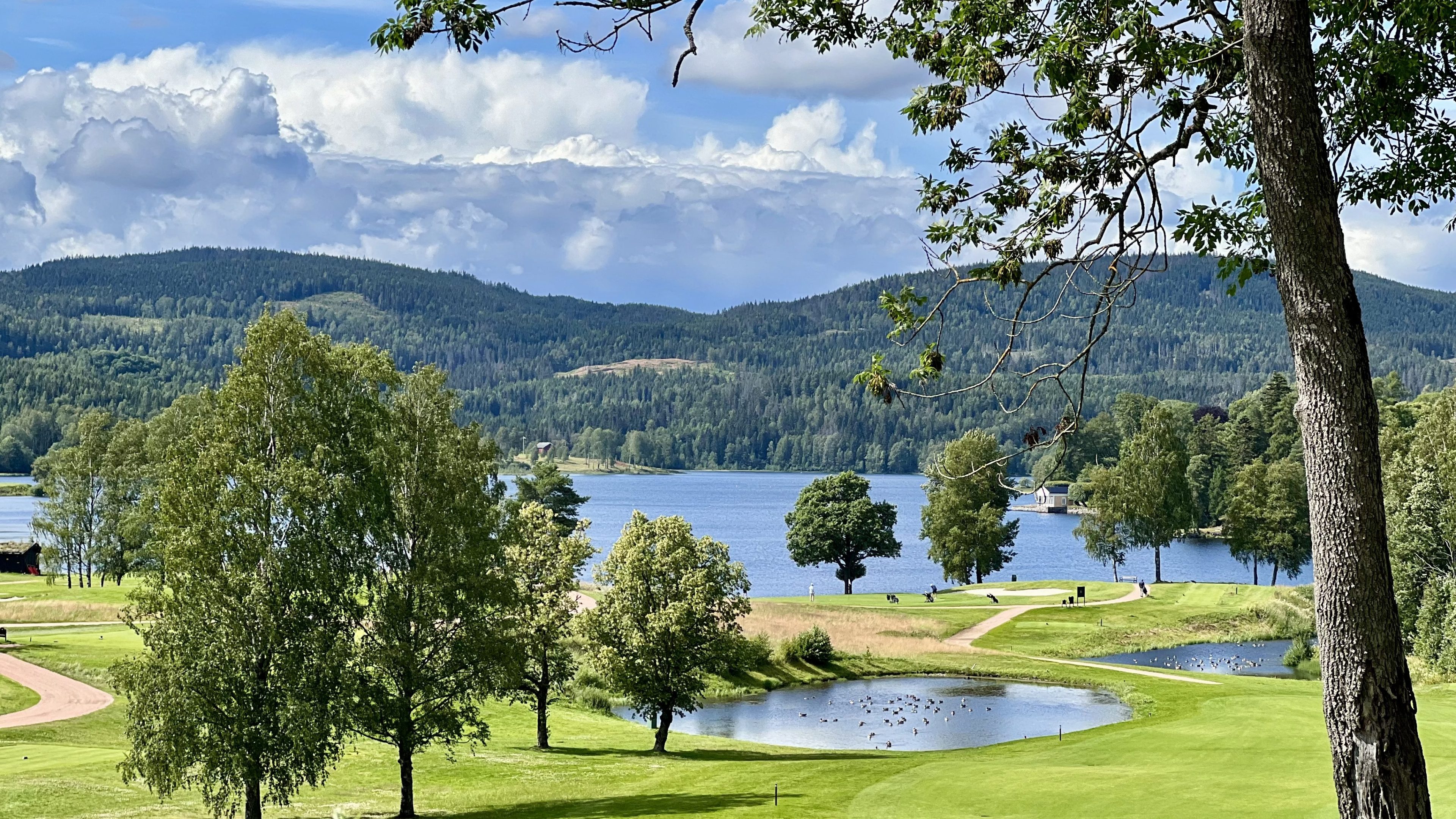 Naturskjønn utsikt over et frodig grønt landskap med golfbane, sykkelstier som vever seg gjennom området, en dam og trær mot en innsjø og skogkledde åser under en delvis overskyet himmel.