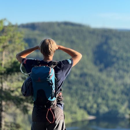 En person med ryggsekk nyter en topptur, stirrer på en skogkledd dal fra et utsiktspunkt, omgitt av trær under en klarblå himmel.