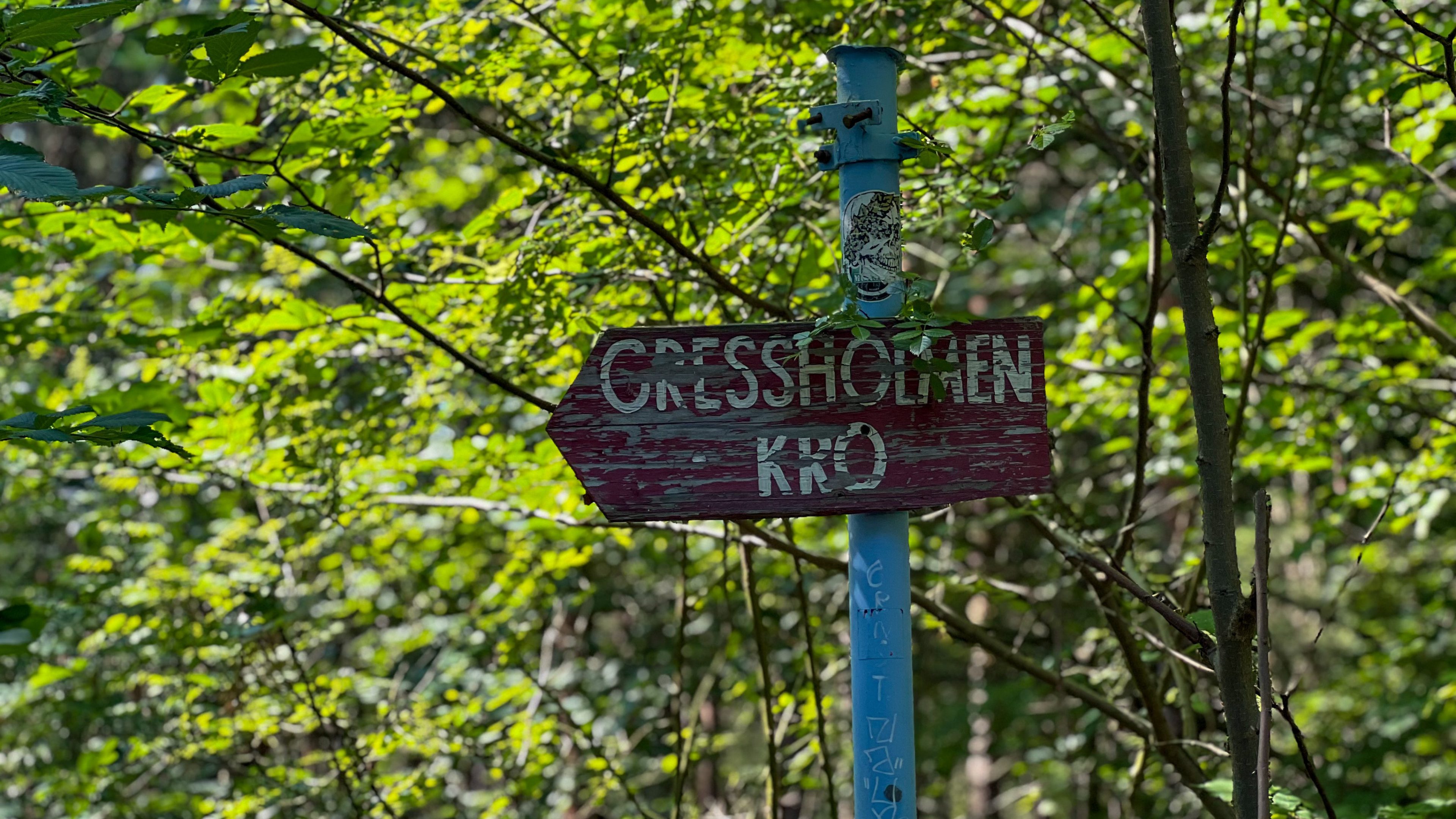 Et slitt treskilt på en blå stolpe midt i frodig grønt peker mot Gressholmen Kro, og inviterer besøkende til en herlig pause mens de legger ut på øyhopping.