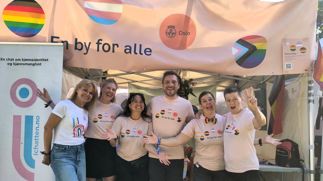 En livlig gruppe mennesker som smiler og poserer foran en pride-stand utsmykket med regnbueflagg og bannere. De har på seg matchende skjorter med regnbuedesign og holder muntert opp fredstegn, og utstråler enhet og glede.