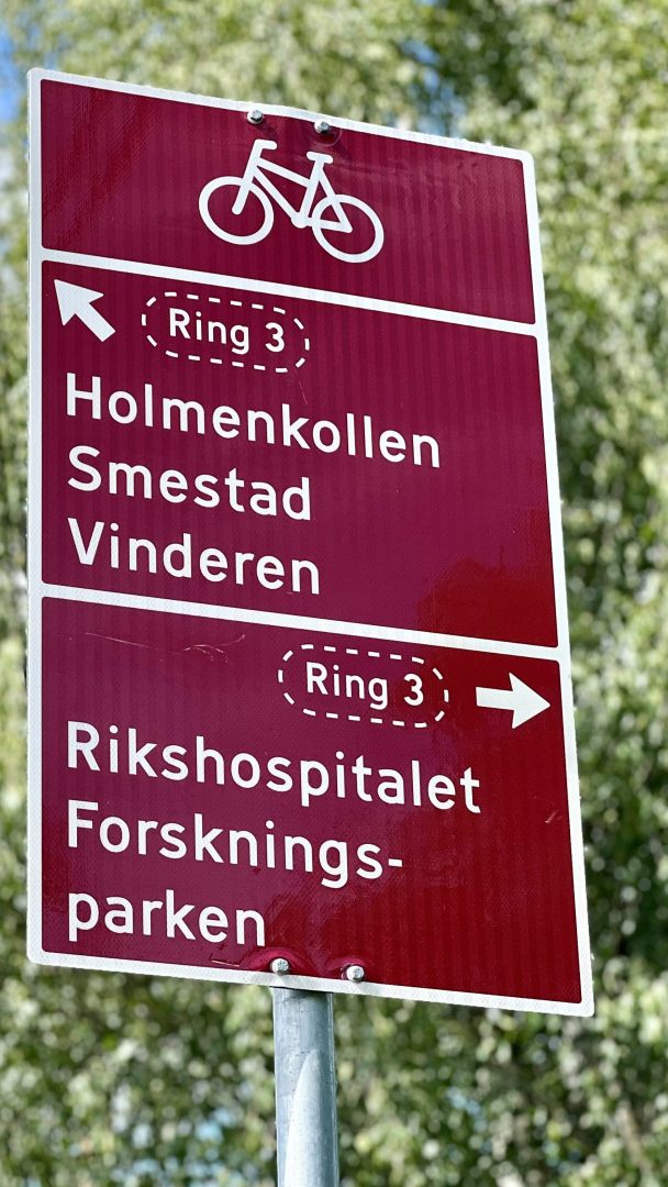 Rødt sykkelstiskilt med veibeskrivelse til Holmenkollen, Smestad, Vinderen, Rikshospitalet og Forskningsparken, merket med Ring 3. Denne sykkelstierguiden sørger for at syklistene navigerer sømløst gjennom byens omfattende nettverk.