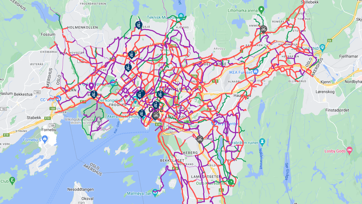 Et detaljert kart som viser ulike sammenhengende røde og lilla ruter, blå stedsmarkører og omkringliggende grøntområder og vannforekomster.
