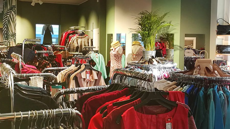 Interiøret i klesbutikken utstråler sjarm med ulike klær elegant stilt ut på stativer, i likhet med det kuraterte utvalget som finnes i top brukesbutikker. I sentrum gir en potteplante et snev av grønt og friskhet til den innbydende atmosfæren.