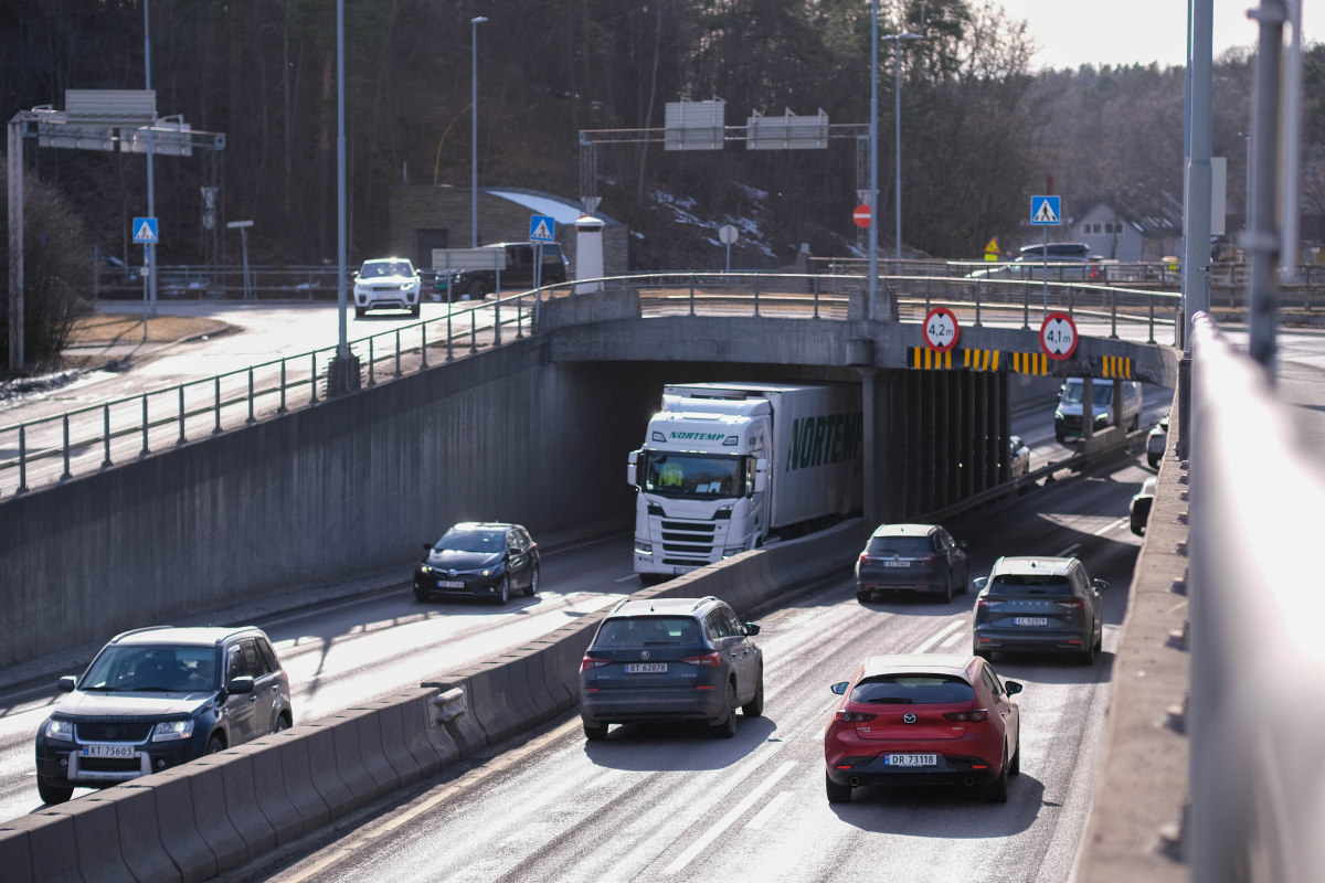 Biler og lastebiler navigerer en flerfeltsvei gjennom en undergang, sømløst integrert med veitrafikksektoren. Med synlige trafikkskilt og omkringliggende trær, fanger denne scenen den harmoniske flyten av kjøretøy i et moderne infrastrukturlandskap.