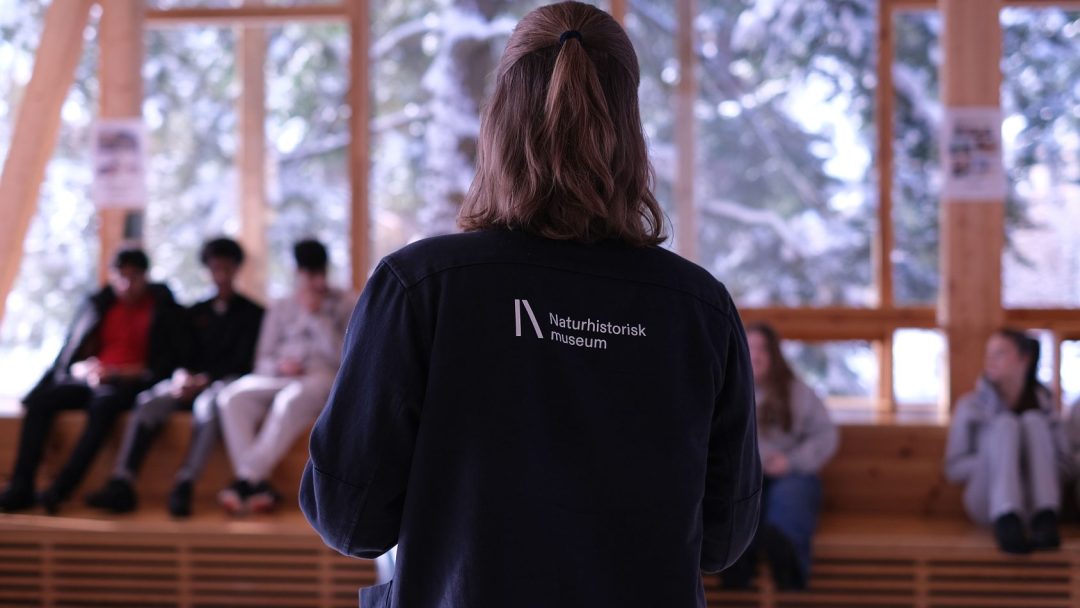 En person i en Naturhistorisk Museum-jakke står foran en sittende gruppe inne i en trebygning med store vinduer, og avslører et snølandskap, mens de diskuterer å gi den perfekte julegave.