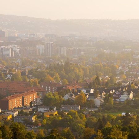 Luftfoto av et bylandskap med en blanding av bygninger, hus og trær plassert under en disig himmel.